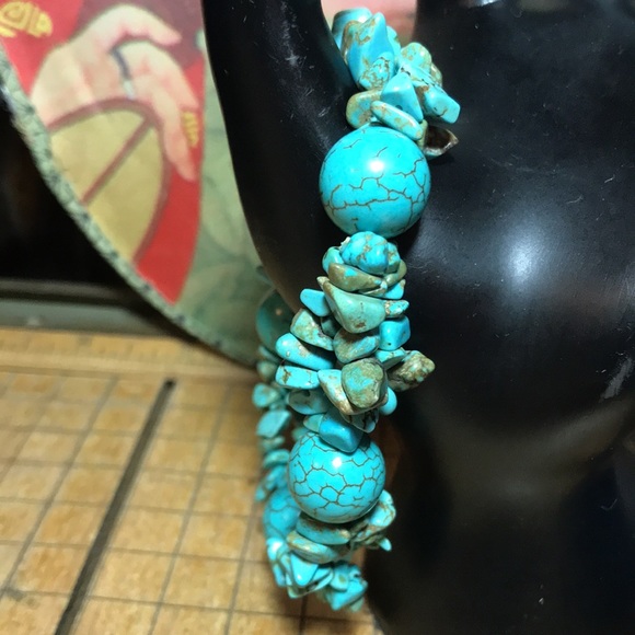 Turquoise Stone Nugget Chip, Pretty Dark Vein Ball Bead 7”L Bracelet EVC 70s 80s - Picture 5 of 11